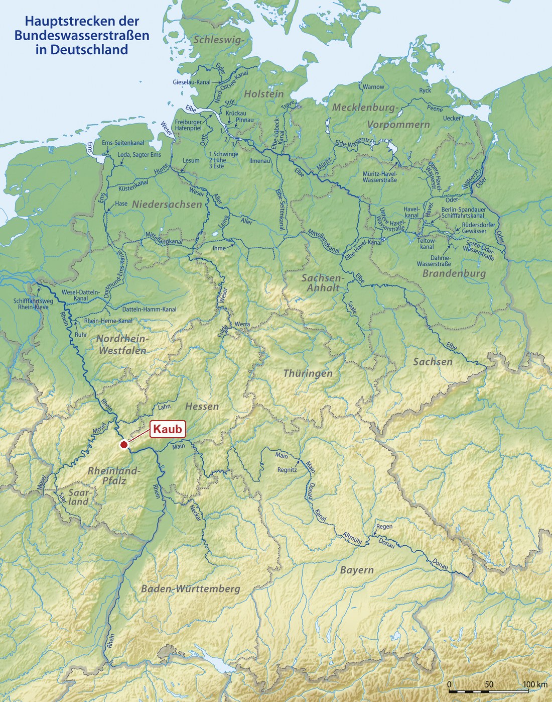 Mapa hlavních spolkových vodních cest Německa s červeně vyznačenou polohou Kaubu na středním Rýnu